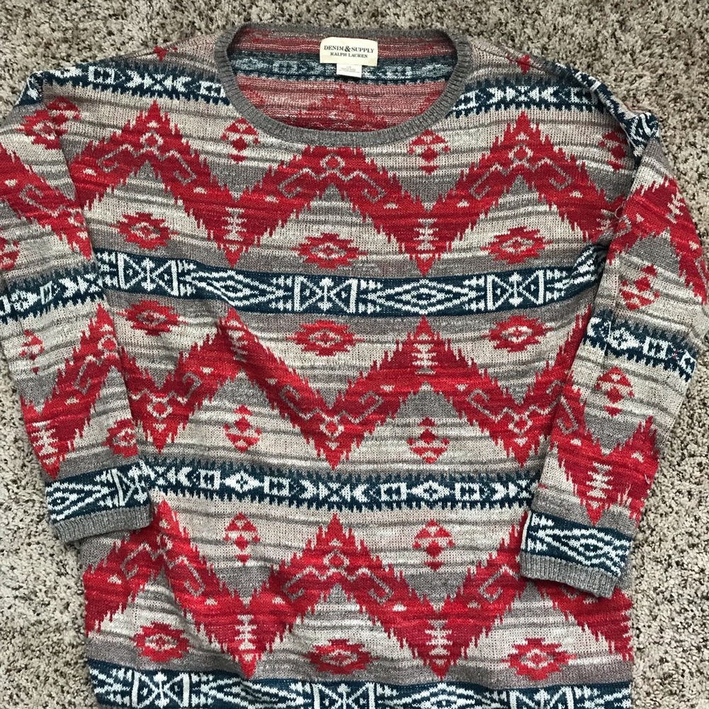Ralph Lauren Red and Blue Patterned Crew Neck Sweater